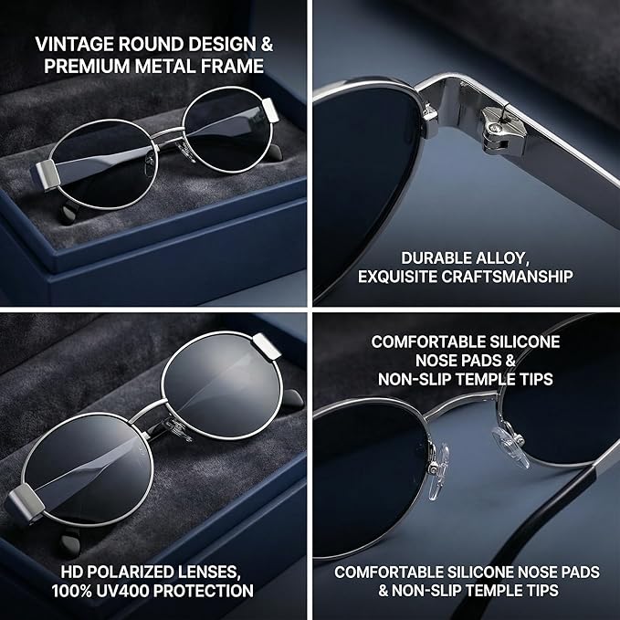 Retro Round Sunglasses for Men Women - Classic Metal Frame Circle Glasses - Vintage Steampunk Style Eyewear (Gold & Silver)