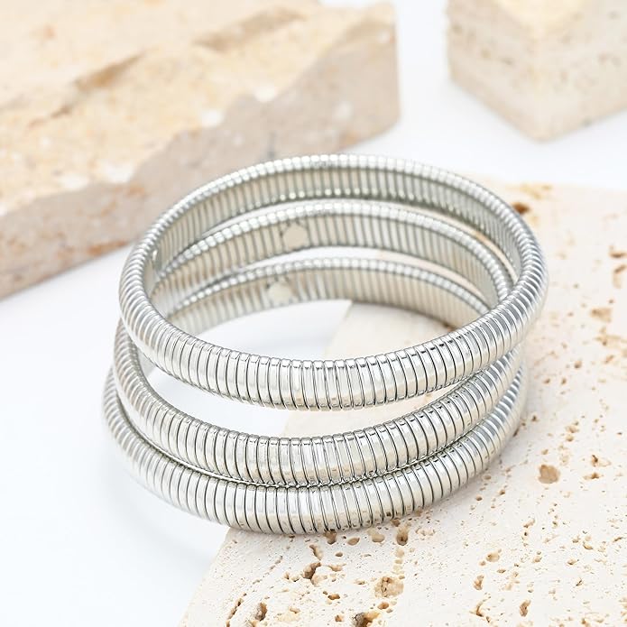 MISS RIGHT Gold Chunky Stretch Snake Chain Bangle Bracelets Stack for Women Trendy, 18K Gold Filled Stainless Steel Stretchy Womens Stackable Wristband Bangles Bracelet Set