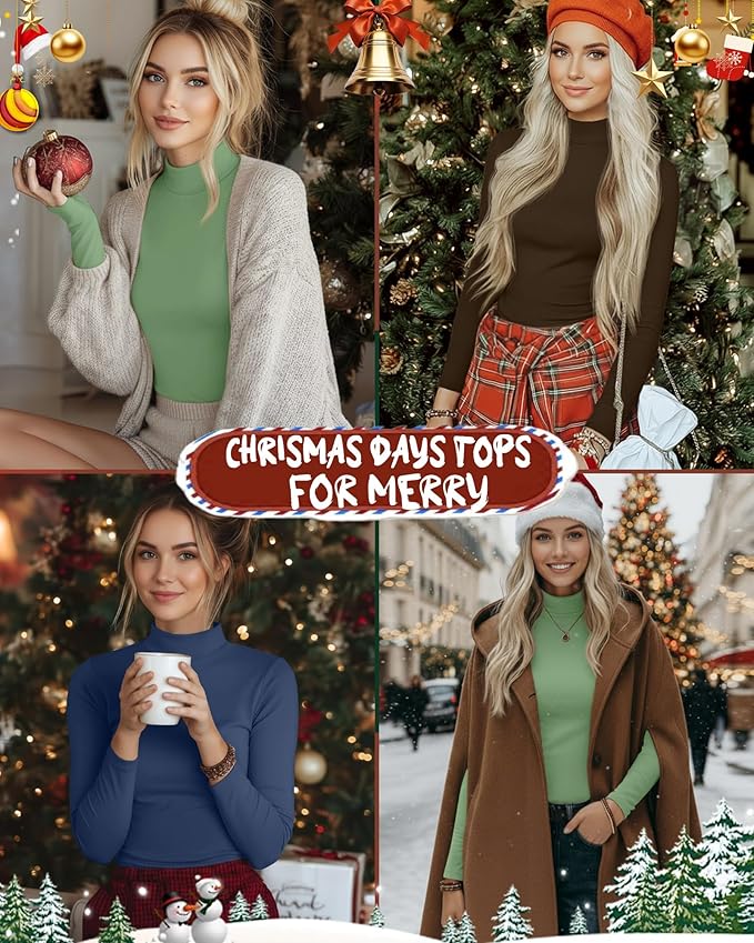 Ficerd 3 Pack Women's Mock Turtleneck Shirts, Long Sleeve Mock Neck Pullover Tops Slim Fitted Stretch Undershirt Tee Blouse