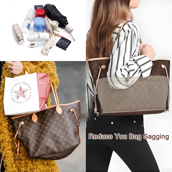 Doxo Purse Organizer Insert for Handbags & Base Shaper 2pc Set,Felt Organizer Insert Large Tote,Bag Organizer with Zipper 5 Sizes,Fit Speedy Neverfull MM/City33 and More(Beige-L-Combination)