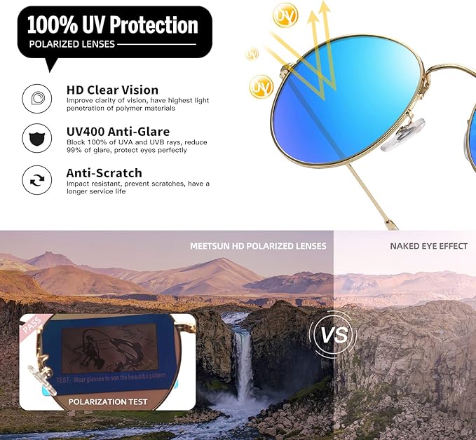 MEETSUN Round Polarized Sunglasses for Women Men Classic Retro Metal Frame Sun Glasses UV Protection