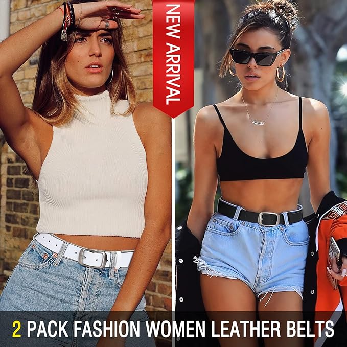 XZQTIVE 2 Pack Women Plus Size Leather Belts Fashion Cowhide Waist Belt with Solid Pin Buckle for Jeans Pants Dress
