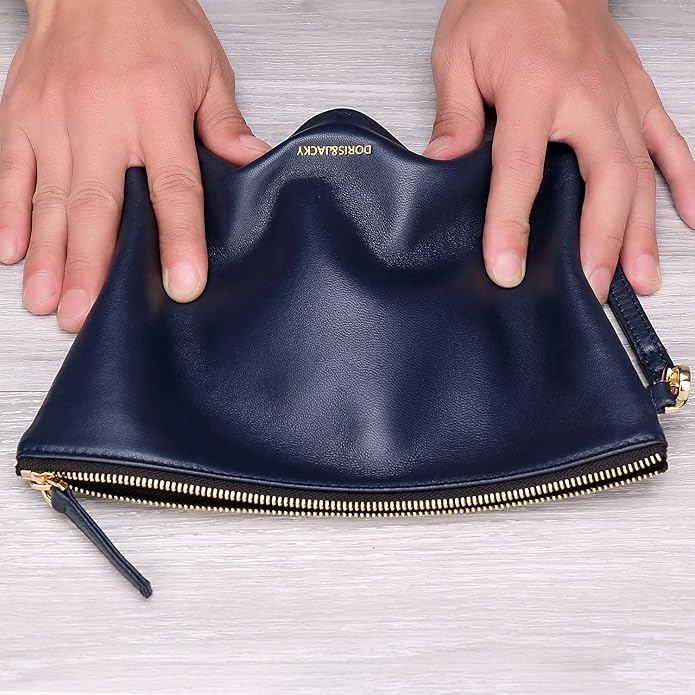 DORIS&JACKY Lambskin Leather Wristlet Clutch Purse for Women Soft Designer Slim Cell Phone Pouch Bag with Detachable Strap