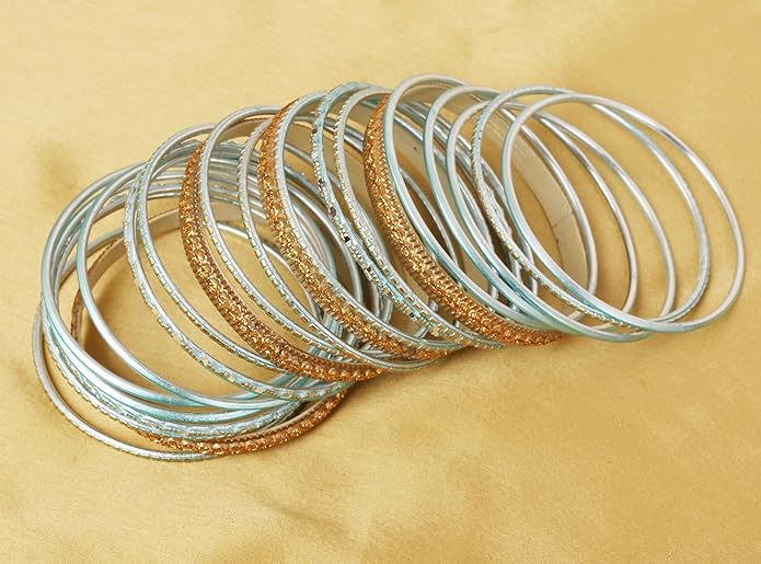 Touchstone Indian Metal Bangles for Women Gold Alloy Bracelets desi 2 Dozen Bangle Collection Bollywood Women's Jewelry Set Multi Stacking Wide Chunky Textured Golden Set of 24 in Gold or White Tone