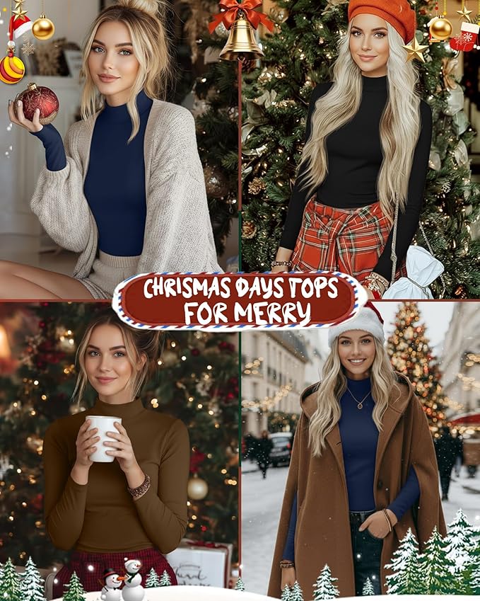 Ficerd 3 Pack Women's Mock Turtleneck Shirts, Long Sleeve Mock Neck Pullover Tops Slim Fitted Stretch Undershirt Tee Blouse