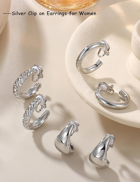 BESTEEL 3Pairs Clip on Earrings for Women Trendy Hypoallergenic 14K Gold Plated Chunky Tube Croissant Waterdrop Clip-on Hoop Earrings Set Fake Jewelry Non Pierced Ears