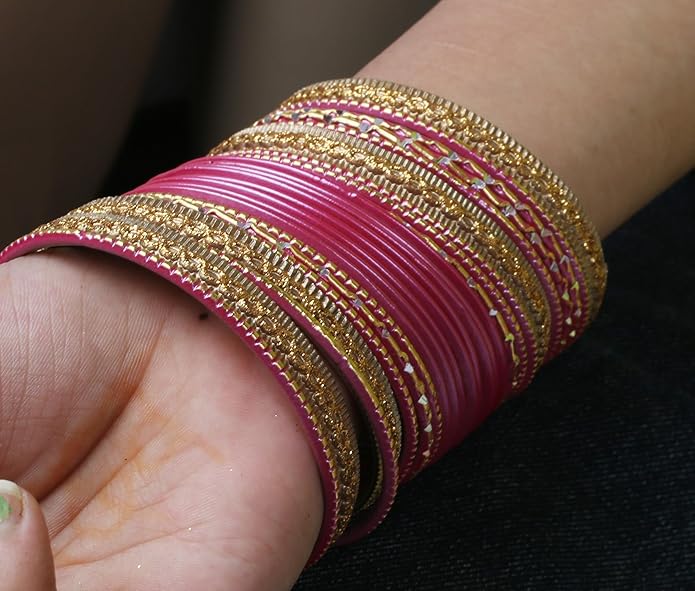Touchstone Indian Metal Bangles for Women Gold Alloy Bracelets desi 2 Dozen Bangle Collection Bollywood Women's Jewelry Set Multi Stacking Wide Chunky Textured Golden Set of 24 in Gold or White Tone