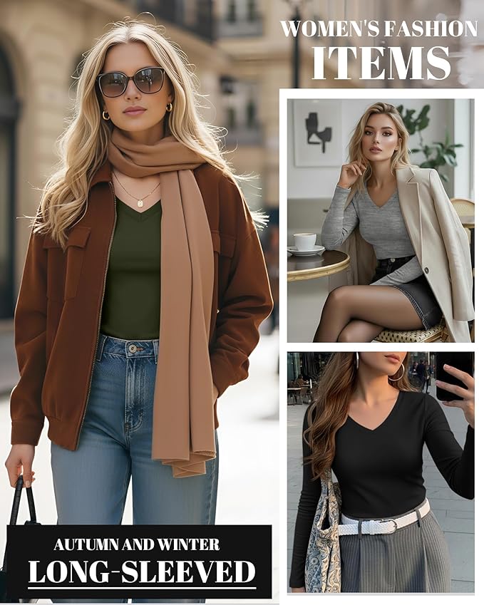 Ficerd 3 Pack Women's Long Sleeve Shirts, V Neck Basic Tees Slim Fitted Casual Fall Tops Going Out Blouses T Shirts