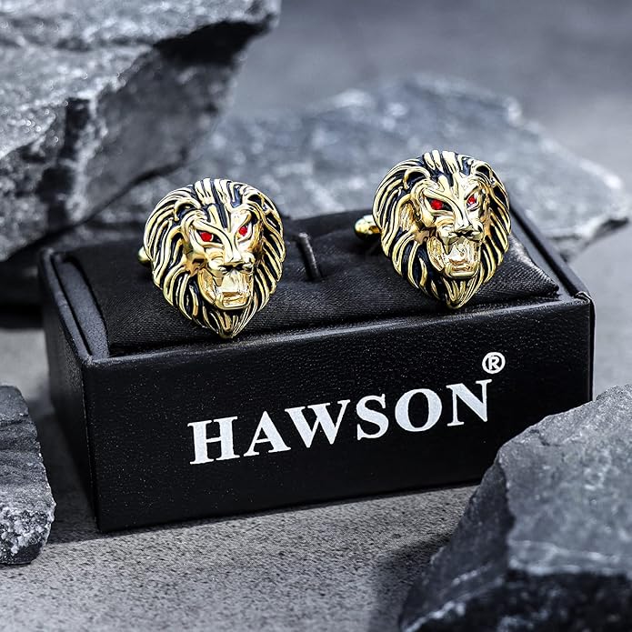 HAWSON Vintage Lion Head Cufflinks for Men with Gift Box, Gold Silver Black Tone Cuff Links for Men's Dress Shirts and French Cuff Shirts, Mens Personalized Jewelry or Accessories Unique