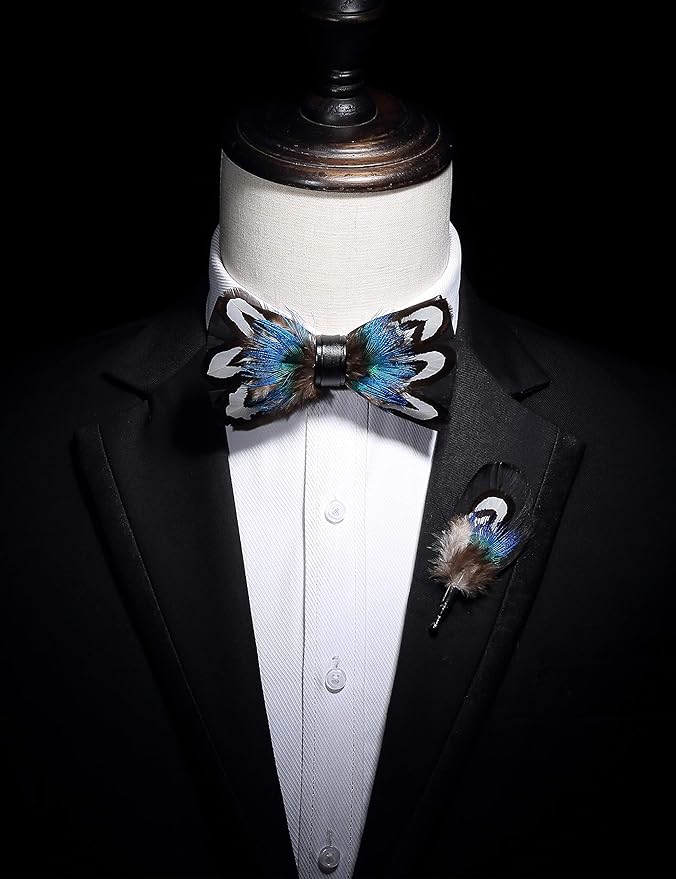 RBOCOTT Handmade Feather Pre-tied Bow tie and Brooch Sets for Men