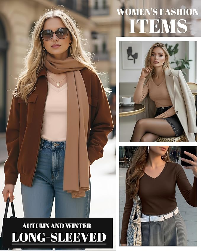 Ficerd 3 Pack Women's Long Sleeve Shirts, V Neck Basic Tees Slim Fitted Casual Fall Tops Going Out Blouses T Shirts