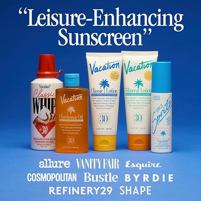 Vacation Classic Sunscreen Lotion SPF 50 & Air Freshener Bundle, Water-Resistant, Lightweight, Transparent on All Skin Tones, Dermatologist-Tested, Vegan, Travel Size, 3.4 Fl. Oz.
