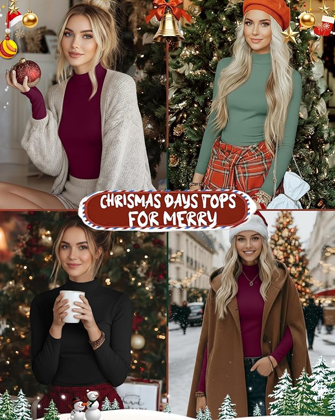 Ficerd 3 Pack Women's Mock Turtleneck Shirts, Long Sleeve Mock Neck Pullover Tops Slim Fitted Stretch Undershirt Tee Blouse