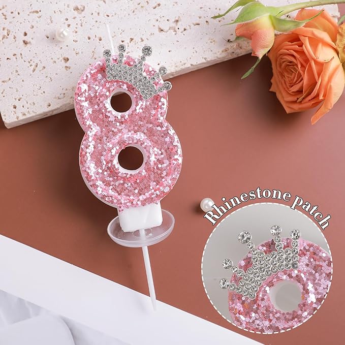 Birthday Number Candles,Pink Crown Birthday Candles for Cake,Glitter Number 4 Candle Cake Topper with Sequins for Girls,Women, Anniversary Celebrations Supplies (Pink 4)
