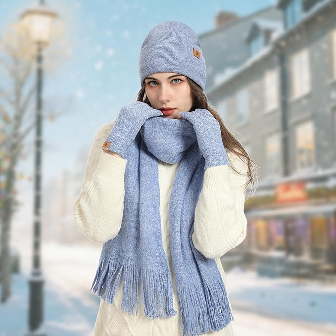 Winter Warm Beanie Hat Touchscreen Gloves Long Scarf Set for Women with Headband, Knit Cap Scarves with Tassel for Women