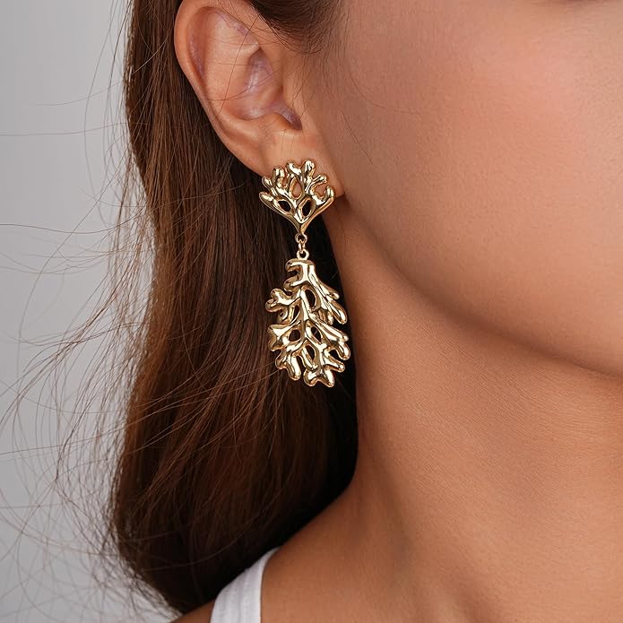 Large Gold Earrings for Women, Chunky Gold Statement Drop Dangle Earring Maple Leave Ginko Leaf Jewelry Gifts