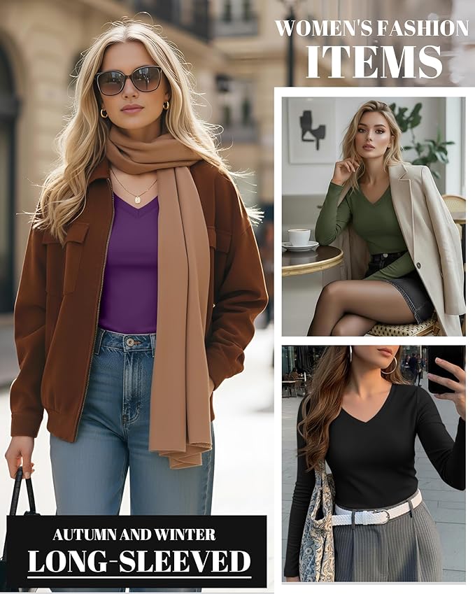 Ficerd 3 Pack Women's Long Sleeve Shirts, V Neck Basic Tees Slim Fitted Casual Fall Tops Going Out Blouses T Shirts