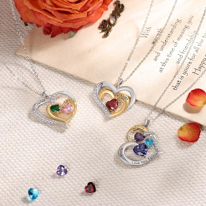 GLAMCARAT Personalized mothers necklace with birthstones names sterling silver jewelry for women customized engraved necklace
