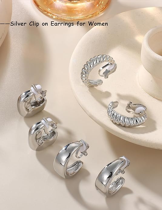BESTEEL 3Pairs Clip on Earrings for Women Trendy Hypoallergenic 14K Gold Plated Chunky Tube Croissant Waterdrop Clip-on Hoop Earrings Set Fake Jewelry Non Pierced Ears