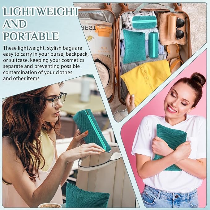 3 Pcs Makeup Bag Set for Women Corduroy Cosmetic Pouch Aesthetic Smile Travel Toiletry Bag Cute Purse Pouch Pencil Case Makeup Brushes Storage Organizer for Christmas(Dark Green,Solid Style)