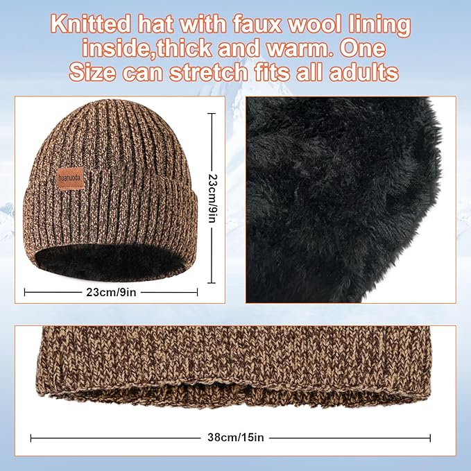 3PCS Winter Beanie Hat Scarf Touchscreen Gloves Set for Men and Women, Knitted Fleece Lined Hats Thermal Gloves Long Scarf