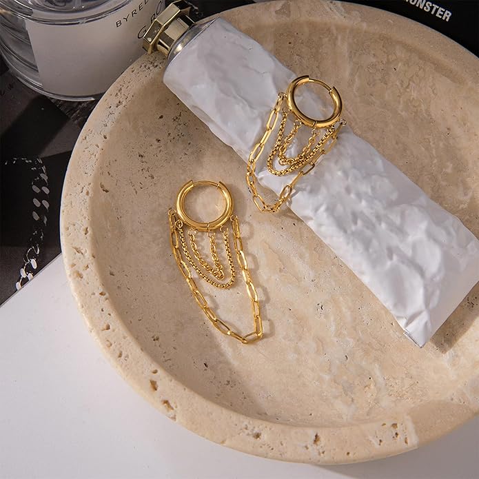 Tassel Chain Hoop Earrings for Women Trendy Two Tone Dangling Chain Earrings Hypoallergenic Fashion Jewelry Gifts