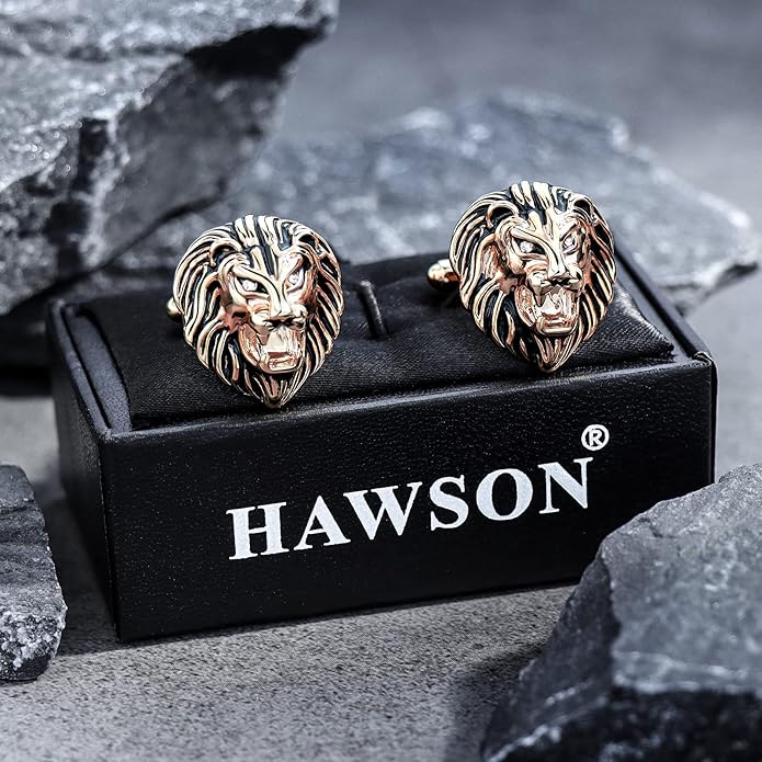 HAWSON Vintage Lion Head Cufflinks for Men with Gift Box, Gold Silver Black Tone Cuff Links for Men's Dress Shirts and French Cuff Shirts, Mens Personalized Jewelry or Accessories Unique