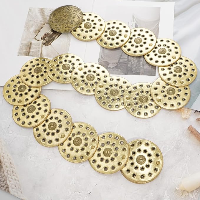 Wide Disc Belt for Women Vintage Hollow Boho Leather Belt Western Chunky Waist Belt Cowboy Metal Buckle Concho Belts
