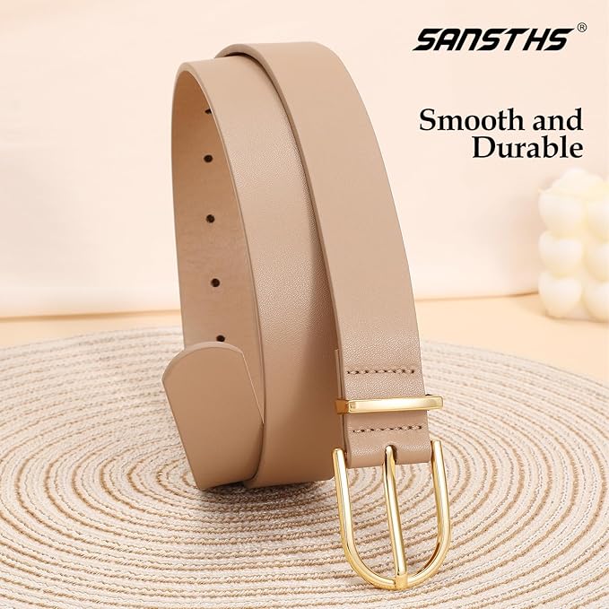 SANSTHS Women Faux Leather Chic Belts for Jeans Pants Fashion Ladies Belt Solid Color with Gold Curved Pin Buckle