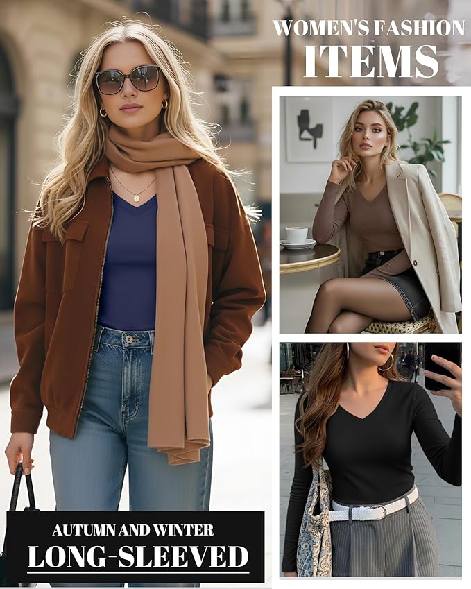 Ficerd 3 Pack Women's Long Sleeve Shirts, V Neck Basic Tees Slim Fitted Casual Fall Tops Going Out Blouses T Shirts
