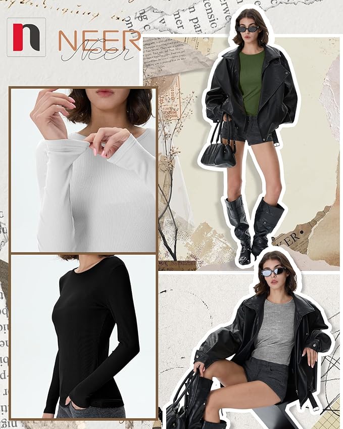 Neer 4 Pack Women's Ribbed Long Sleeve Shirts, Cotton Crew Neck Slim Fit Tops Stretch Knit Casual Base Layer Basic Tee Shirts