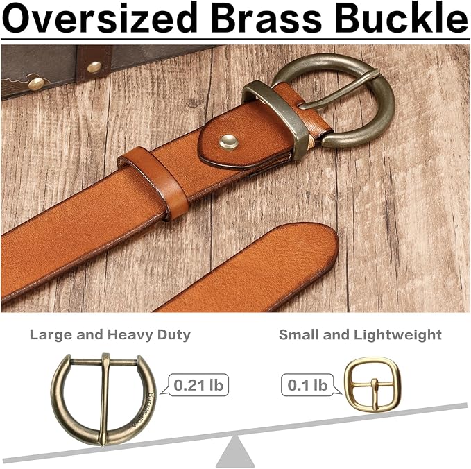 Women's 1.5 inch Leather Belt with Large Brass Buckle - Trendy Vintage Style for Jeans and Pants