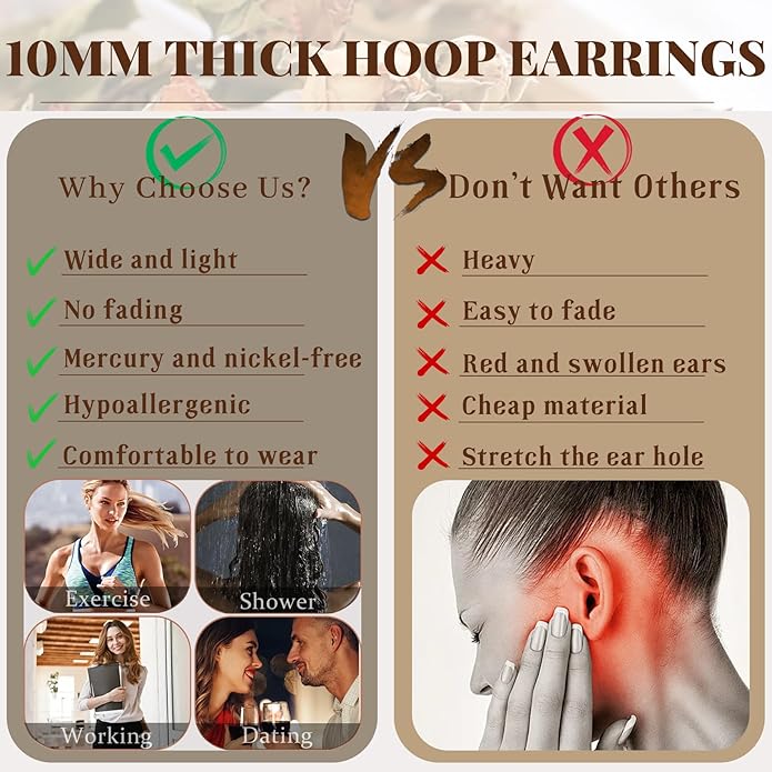 Senteria 12mm Wide Thick Hoop Earrings 925 Sterling Silver Hoop Earrings for Women Hypoallergenic 14K Real Gold Plated Hoops Large Earring Lightweight Chunky Hoops Earring for Women 25/30/40/50MM