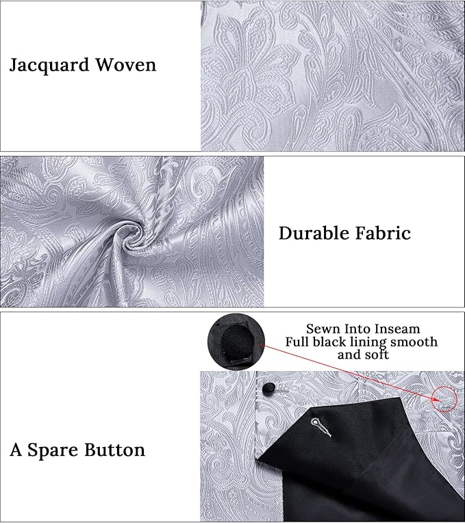 DiBanGu Mens Paisley Suit Vest Silk Jacquard Waistcoat and Necktie Set Formal Shawl Collar Dress Vest 7PCS for Wedding Party
