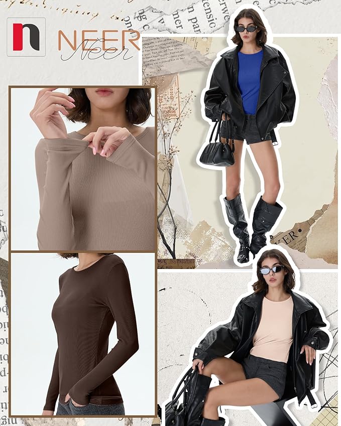 Neer 4 Pack Women's Ribbed Long Sleeve Shirts, Cotton Crew Neck Slim Fit Tops Stretch Knit Casual Base Layer Basic Tee Shirts