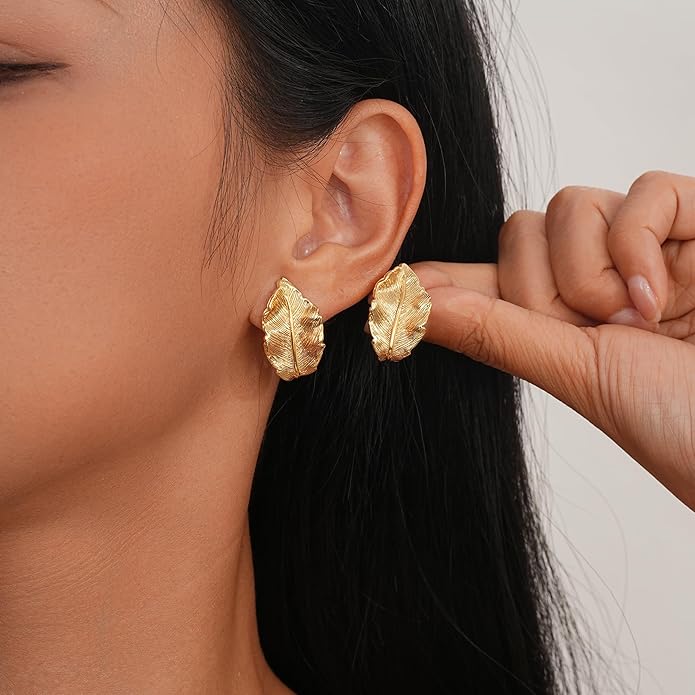 Large Gold Earrings for Women, Chunky Gold Statement Drop Dangle Earring Maple Leave Ginko Leaf Jewelry Gifts
