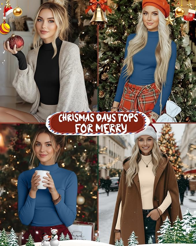 Ficerd 3 Pack Women's Mock Turtleneck Shirts, Long Sleeve Mock Neck Pullover Tops Slim Fitted Stretch Undershirt Tee Blouse