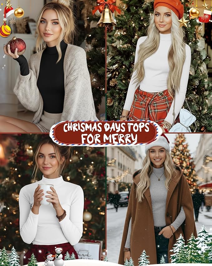 Ficerd 3 Pack Women's Mock Turtleneck Shirts, Long Sleeve Mock Neck Pullover Tops Slim Fitted Stretch Undershirt Tee Blouse