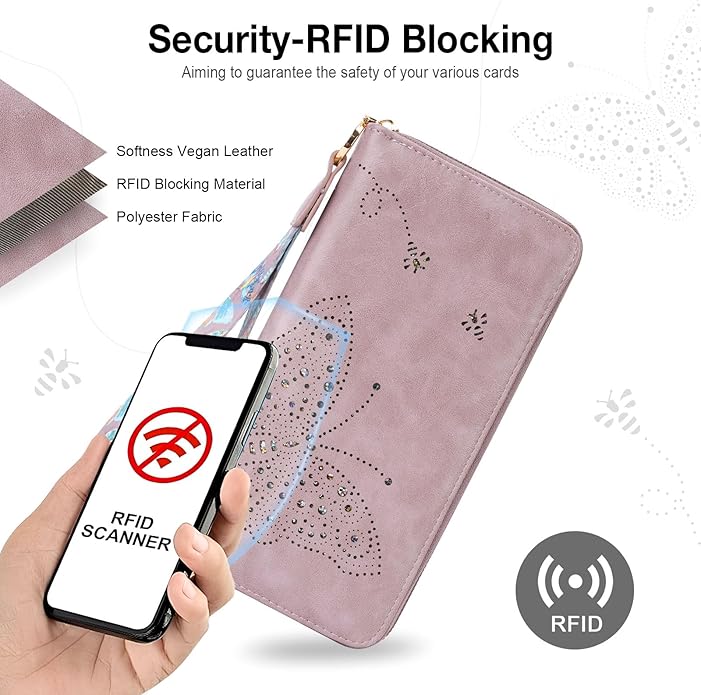 RFID Wallet Women, Large Capacity Butterfly Cell Phone Clutch Purses Ladies Wristlet Wallets for Women