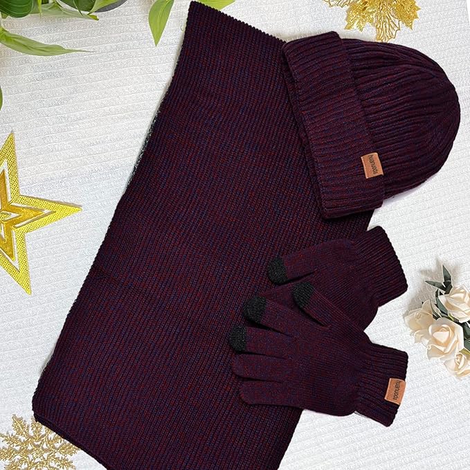 3PCS Winter Beanie Hat Scarf Touchscreen Gloves Set for Men and Women, Knitted Fleece Lined Hats Thermal Gloves Long Scarf