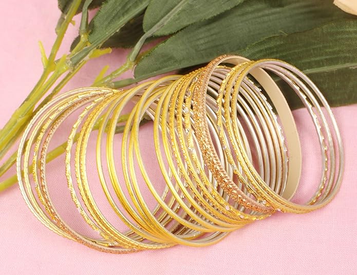Touchstone Indian Metal Bangles for Women Gold Alloy Bracelets desi 2 Dozen Bangle Collection Bollywood Women's Jewelry Set Multi Stacking Wide Chunky Textured Golden Set of 24 in Gold or White Tone