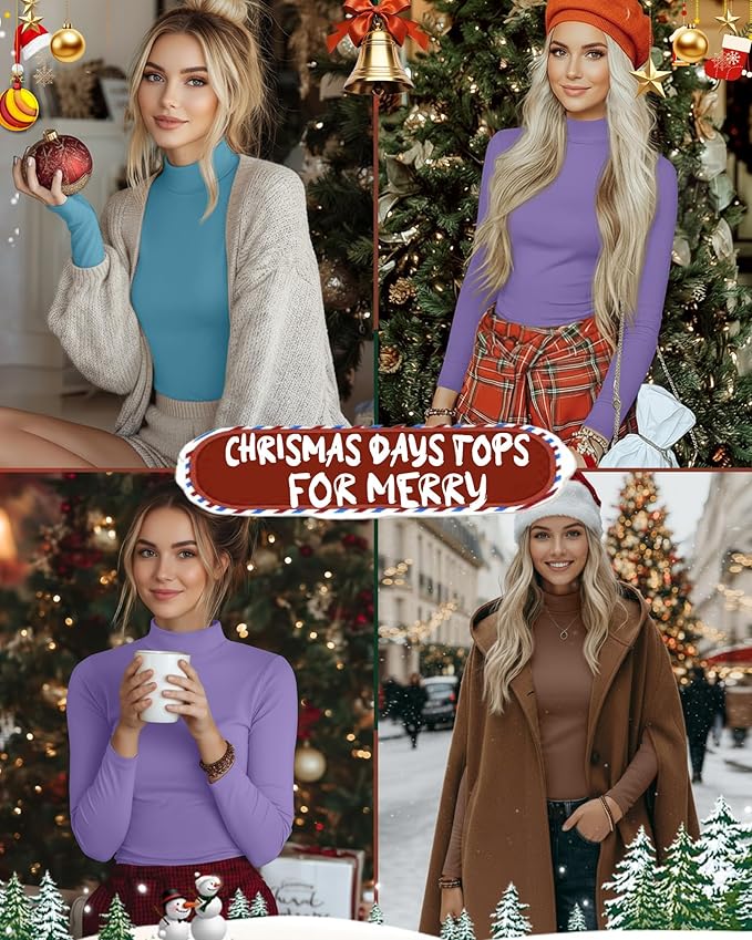 Ficerd 3 Pack Women's Mock Turtleneck Shirts, Long Sleeve Mock Neck Pullover Tops Slim Fitted Stretch Undershirt Tee Blouse