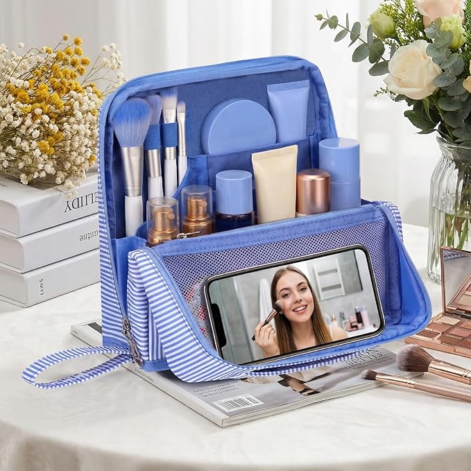 Striped Makeup Bag Large Cosmetic Bags for Women Gift with Brush Loops Mesh Pocket Wrist Strap Travel Organizer Storage Pouch Toiletry Case with Divider for Mirror(Blue)