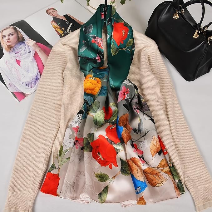 100% Mulberry Silk Scarf for Women Neck Oblong Headscarves Long Floral Print Lightweight Silk Wraps Shawls 67"*20"