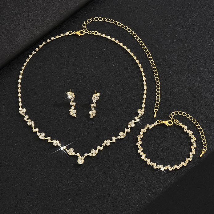 Wedding Jewelry Sets for Brides Silver Rhinestone Necklaces Earring Bracelet Set Wedding Sets for Women Prom Jewelry Sets for Women