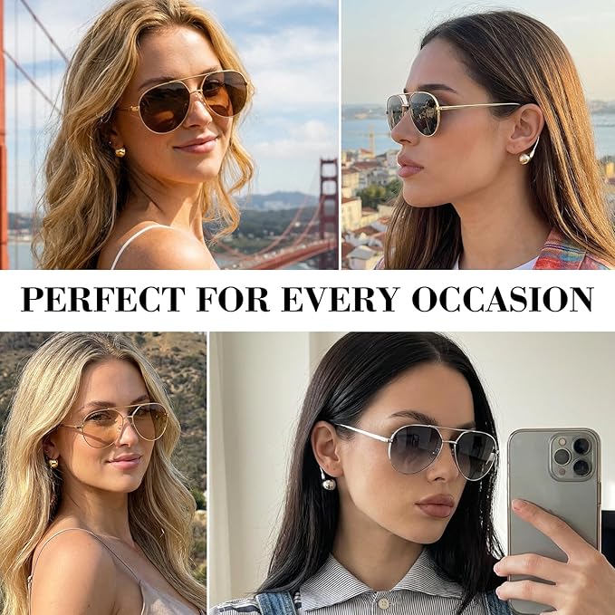 SODQW Trendy Aviator Sunglasses for Women with Earring Gold Metal Frame Fashion Sun Glasses