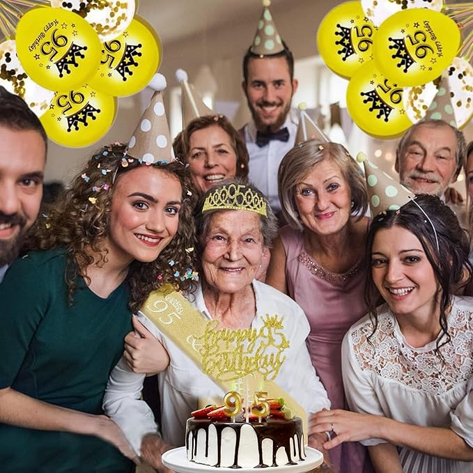 95th Birthday Decorations for Her Girls Set, Include 95th Birthday Crown and 95 Sash, 95th Birthday Cake Topper and 95 Birthday Candles, Gold 95 Balloons, Women 95th Party Supplies(Gold)
