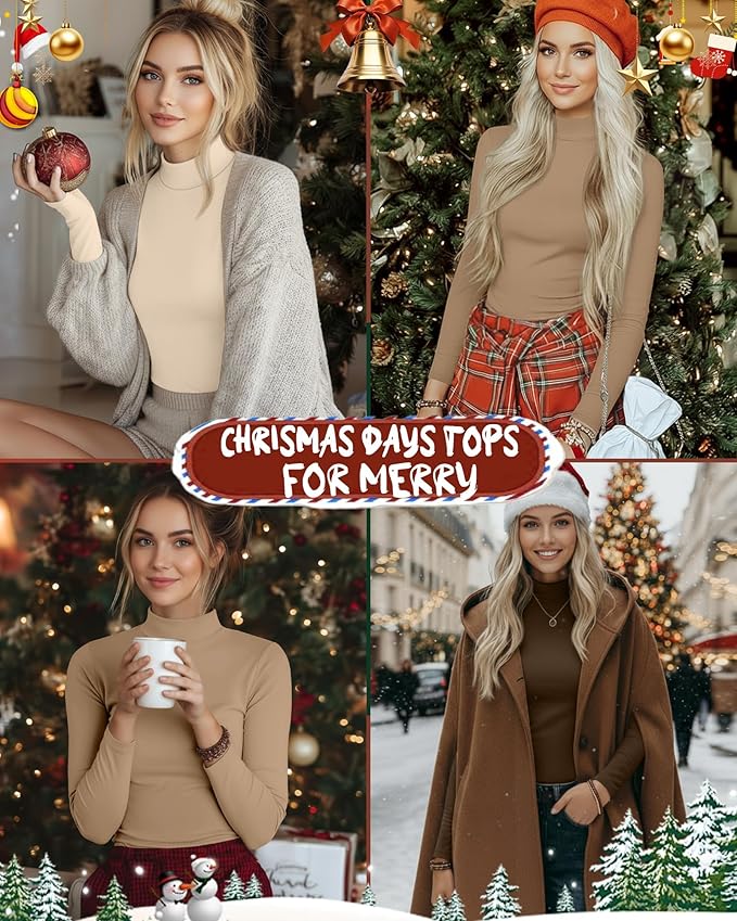 Ficerd 3 Pack Women's Mock Turtleneck Shirts, Long Sleeve Mock Neck Pullover Tops Slim Fitted Stretch Undershirt Tee Blouse