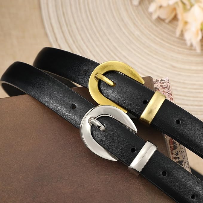 XZQTIVE Women Skinny Leather Belts for Jeans Dress Pants Fashion Ladies Thin Black Waist Belt with Gold Buckle