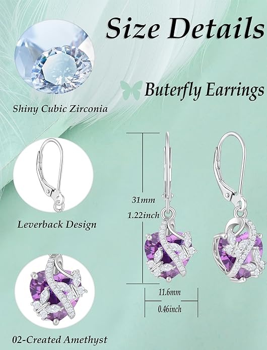 Butterfly Earrings for Women 925 Sterling Silver Heart Earring Birthstone Jewelry